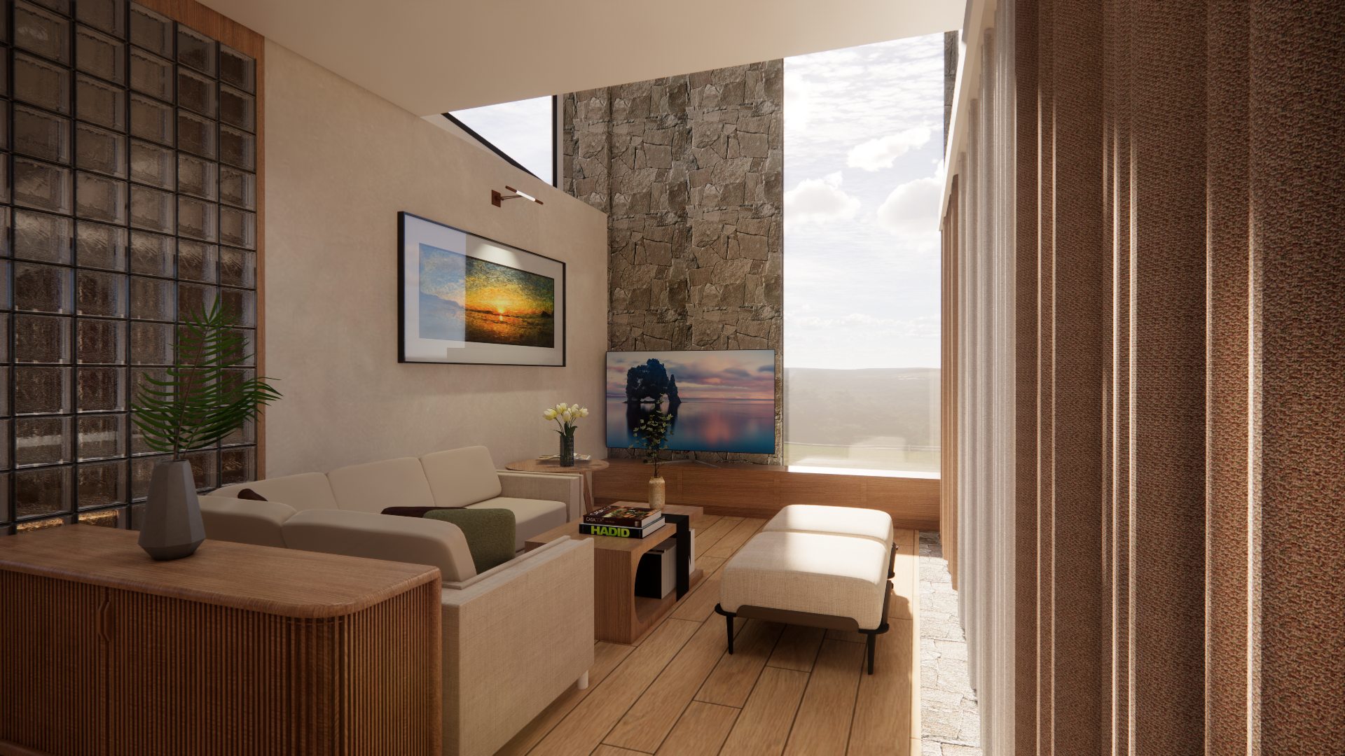 Sunlit living room with warm wood, stone, and layered textiles