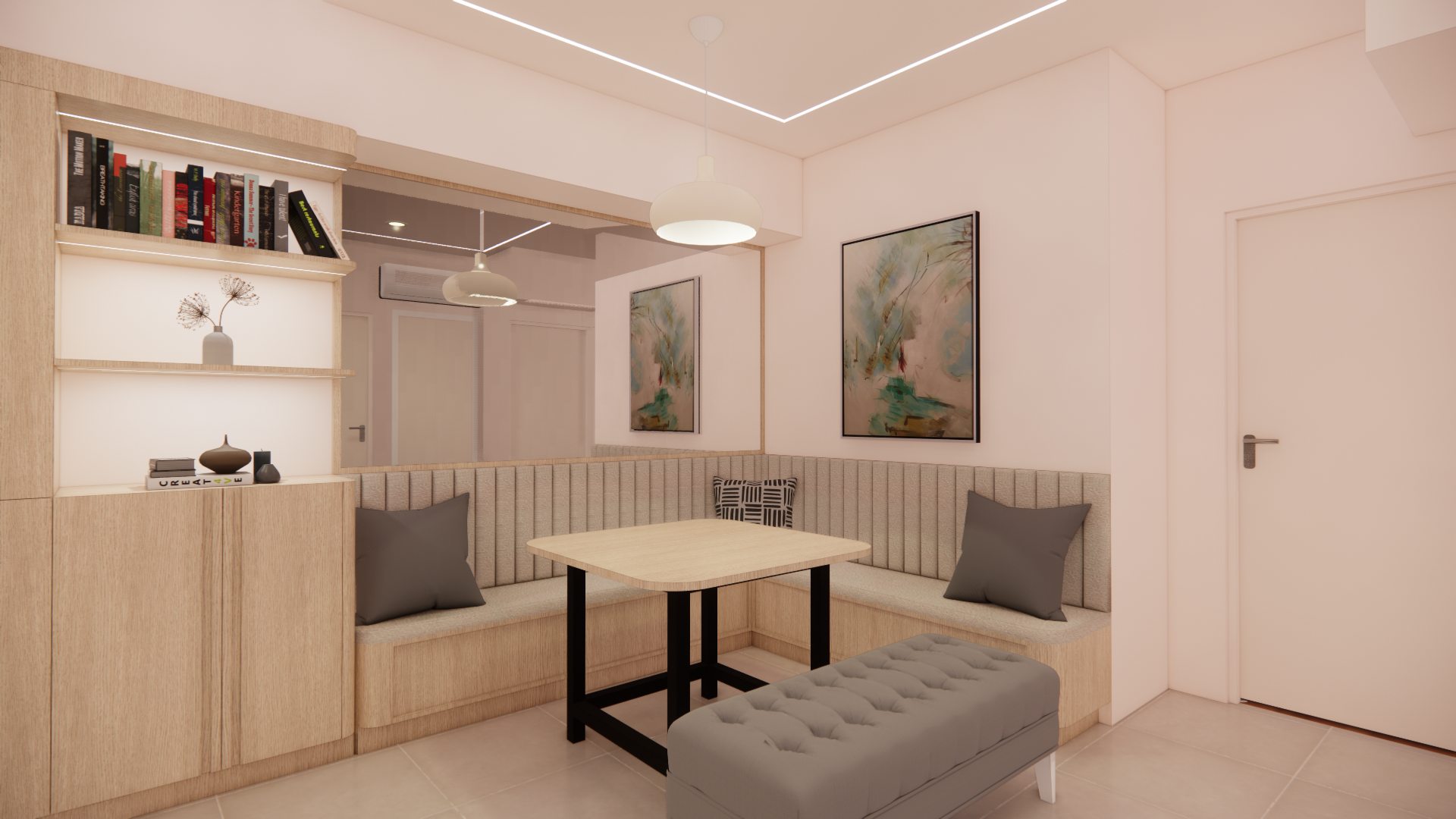 Warm, tailored dining nook with built-in shelving