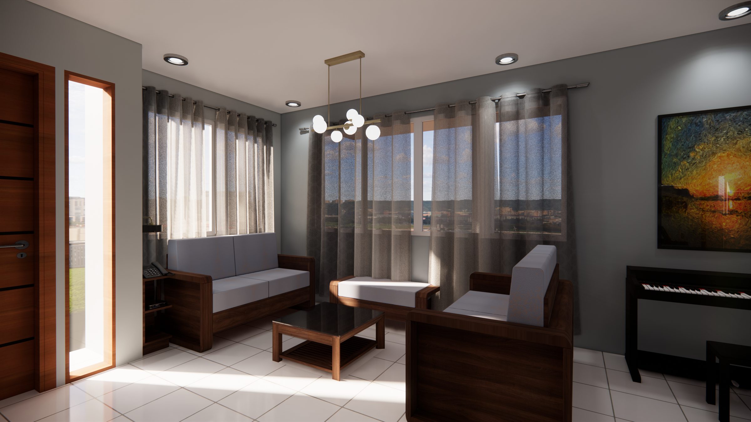 Eastville Residences living room with sculptural pendant lighting
