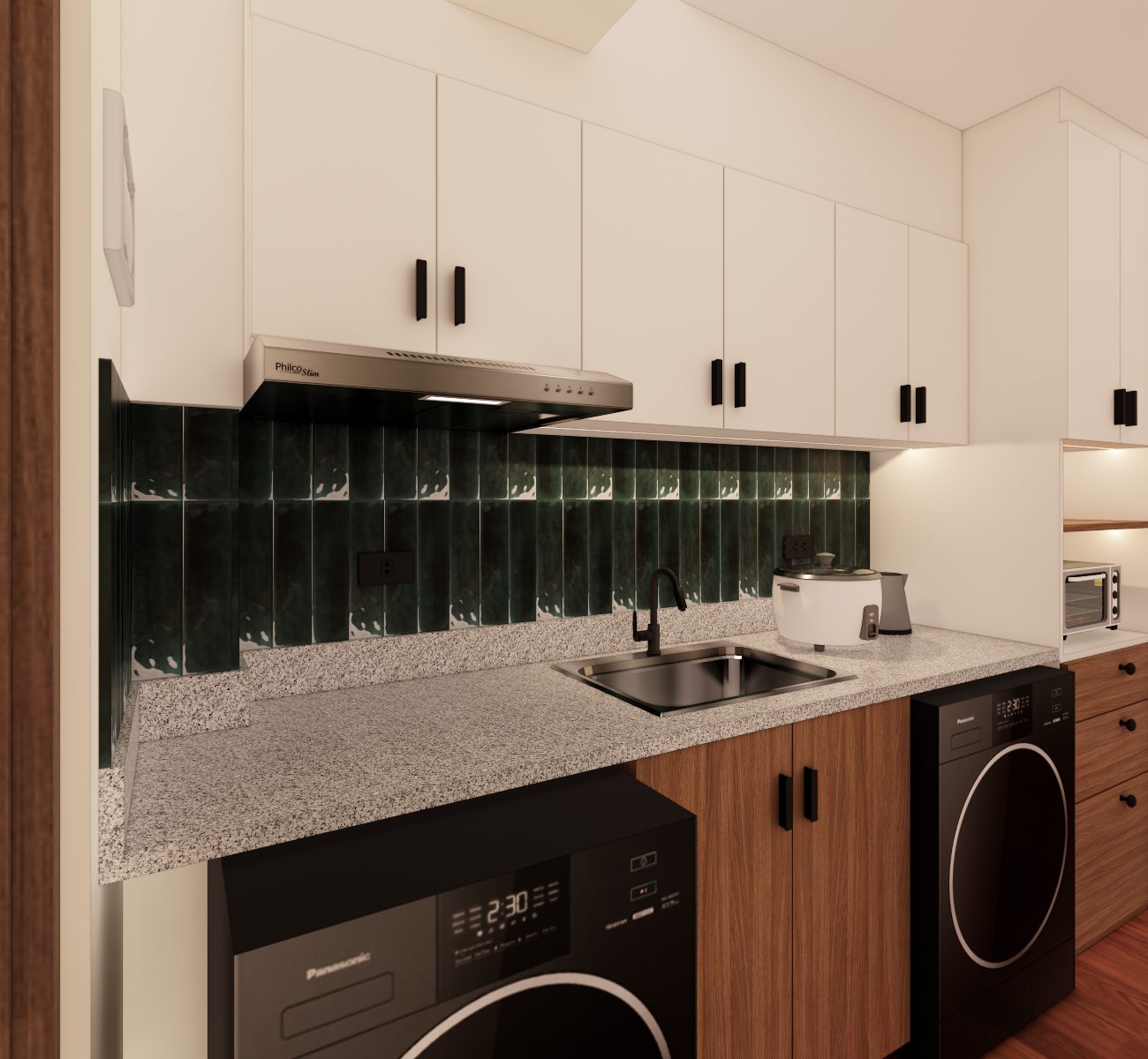 Tailored kitchen with dark green tile and warm timber cabinetry