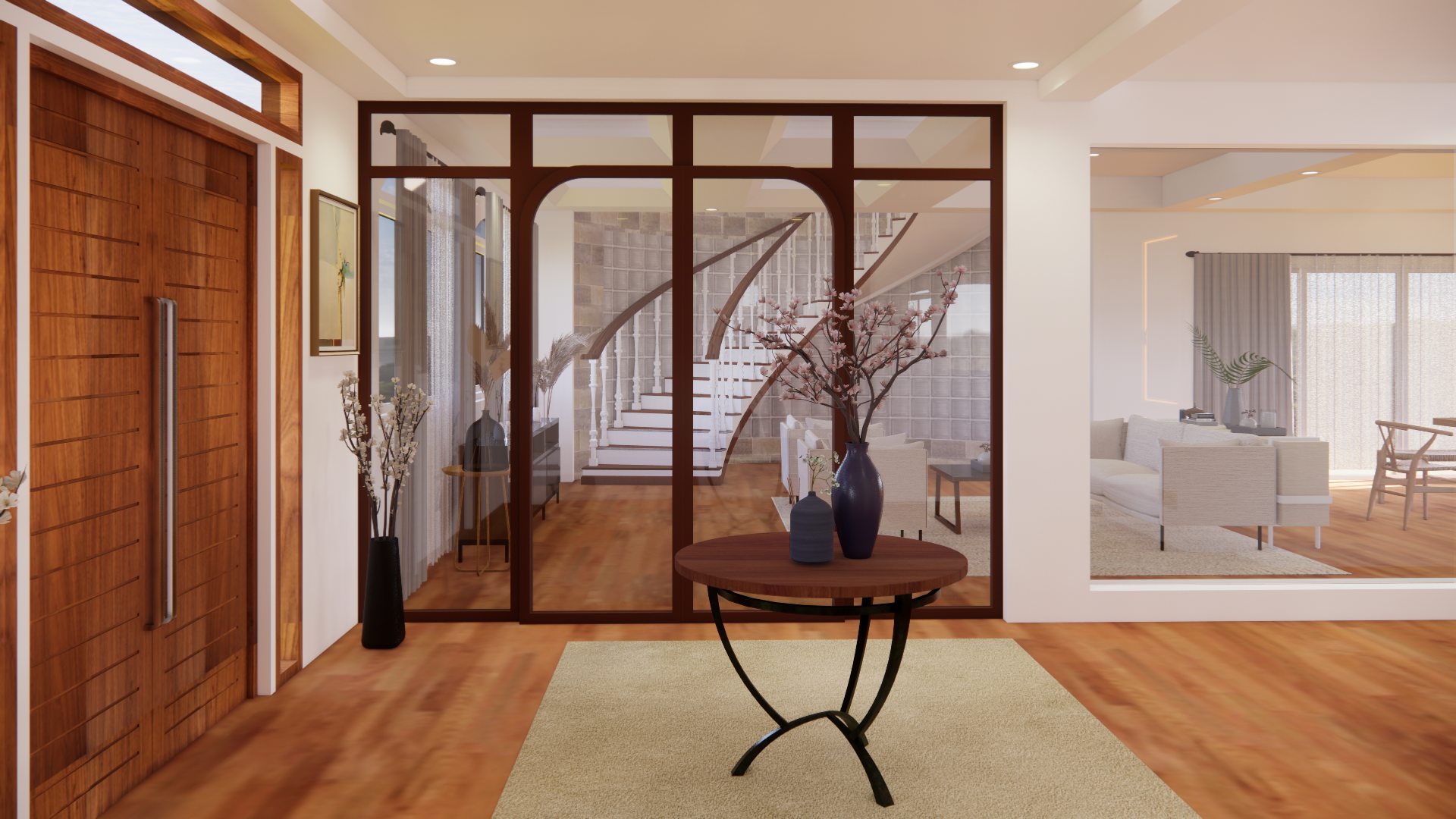 Orchard Residences entry hall with timber doors and curved stair detail