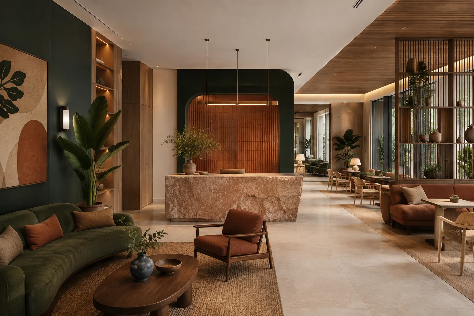 Business Interior Design interior rendering using the Abrizo Designs forest palette and Rust accents
