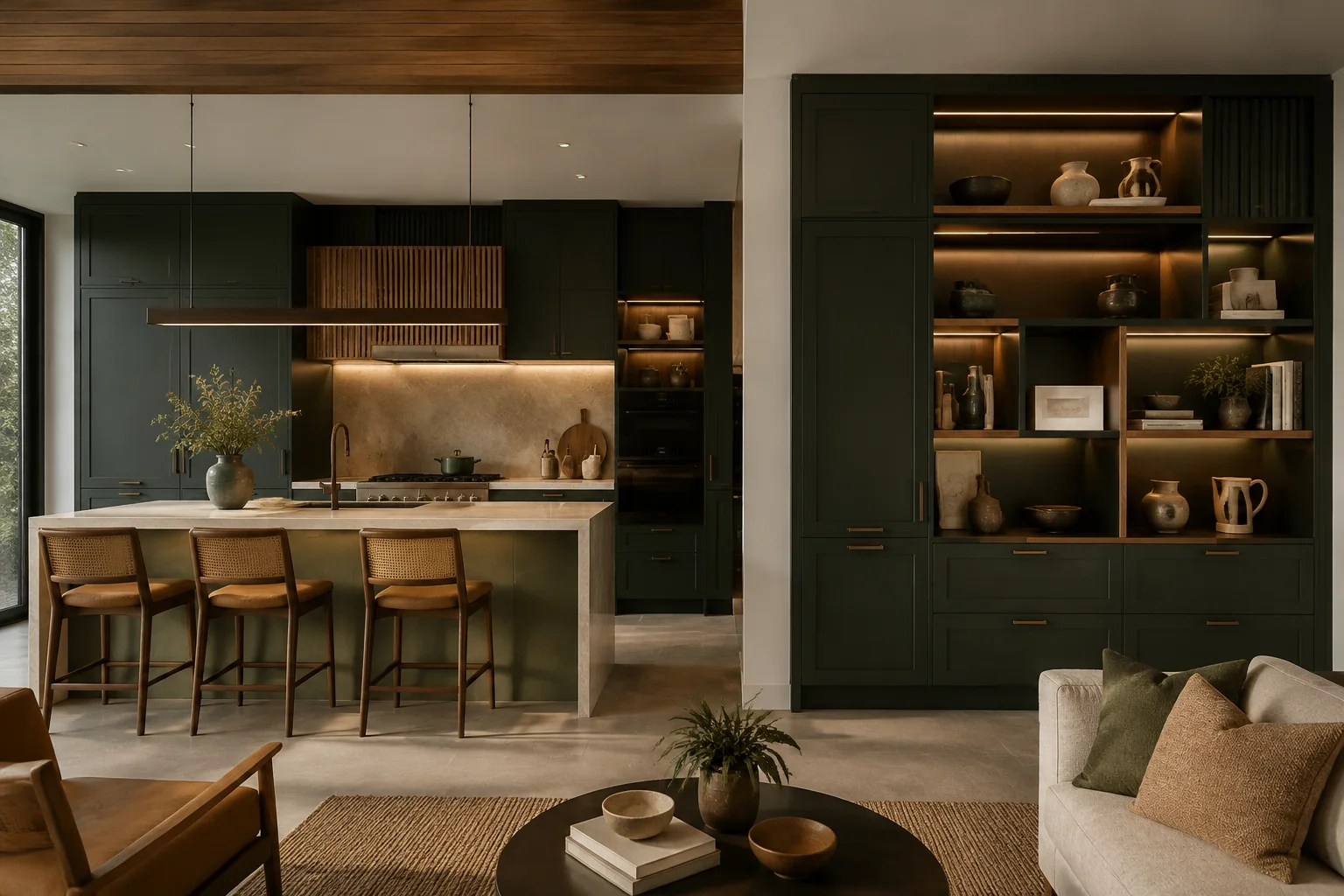 Cabinetry Design interior rendering using the Abrizo Designs forest palette and Ochre accents