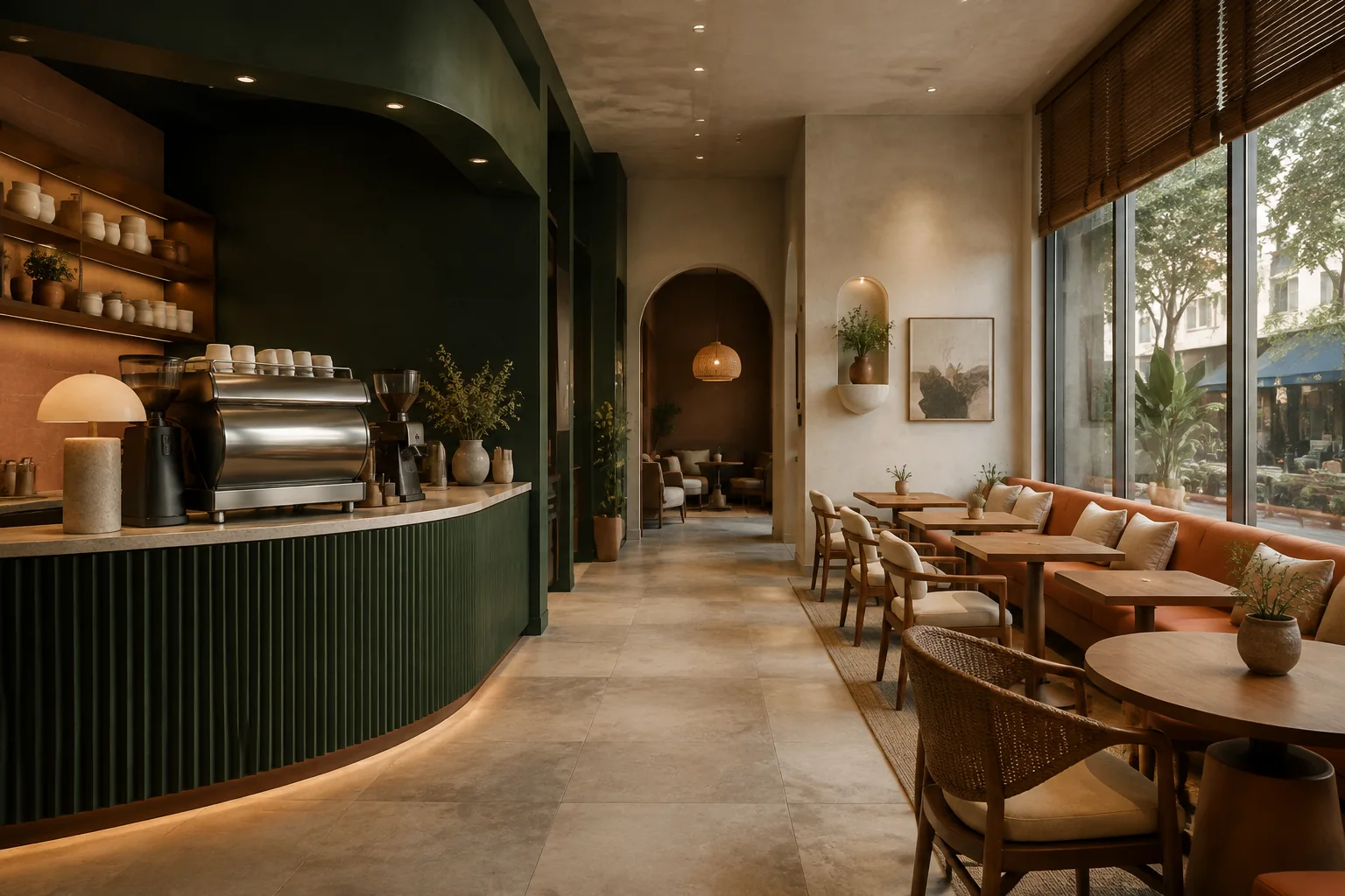Cafe Interior Design interior rendering using the Abrizo Designs forest palette and Apricot accents