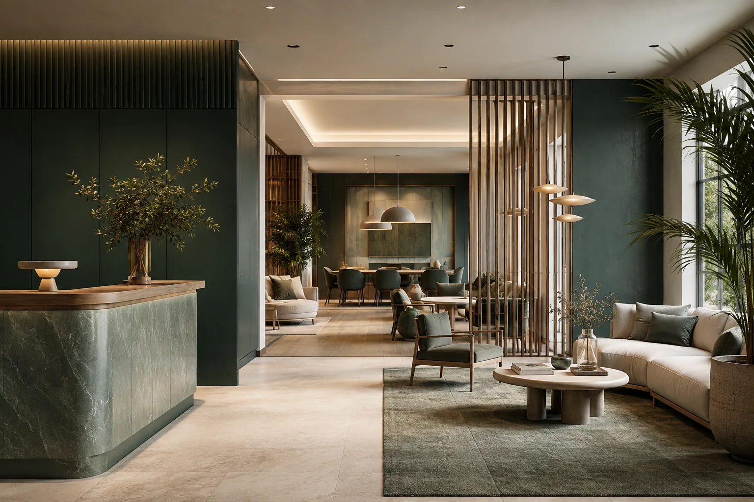 Commercial Interior Design interior rendering using the Abrizo Designs forest palette and Deep eucalyptus accents