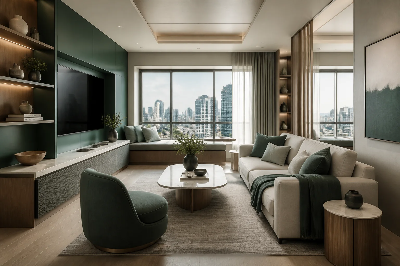 Condo Interior Design interior rendering using the Abrizo Designs forest palette and Glass teal accents