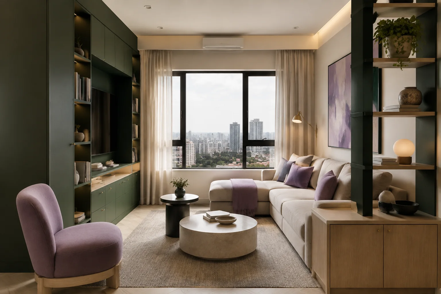 E-Design interior rendering using the Abrizo Designs forest palette and Lavender smoke accents