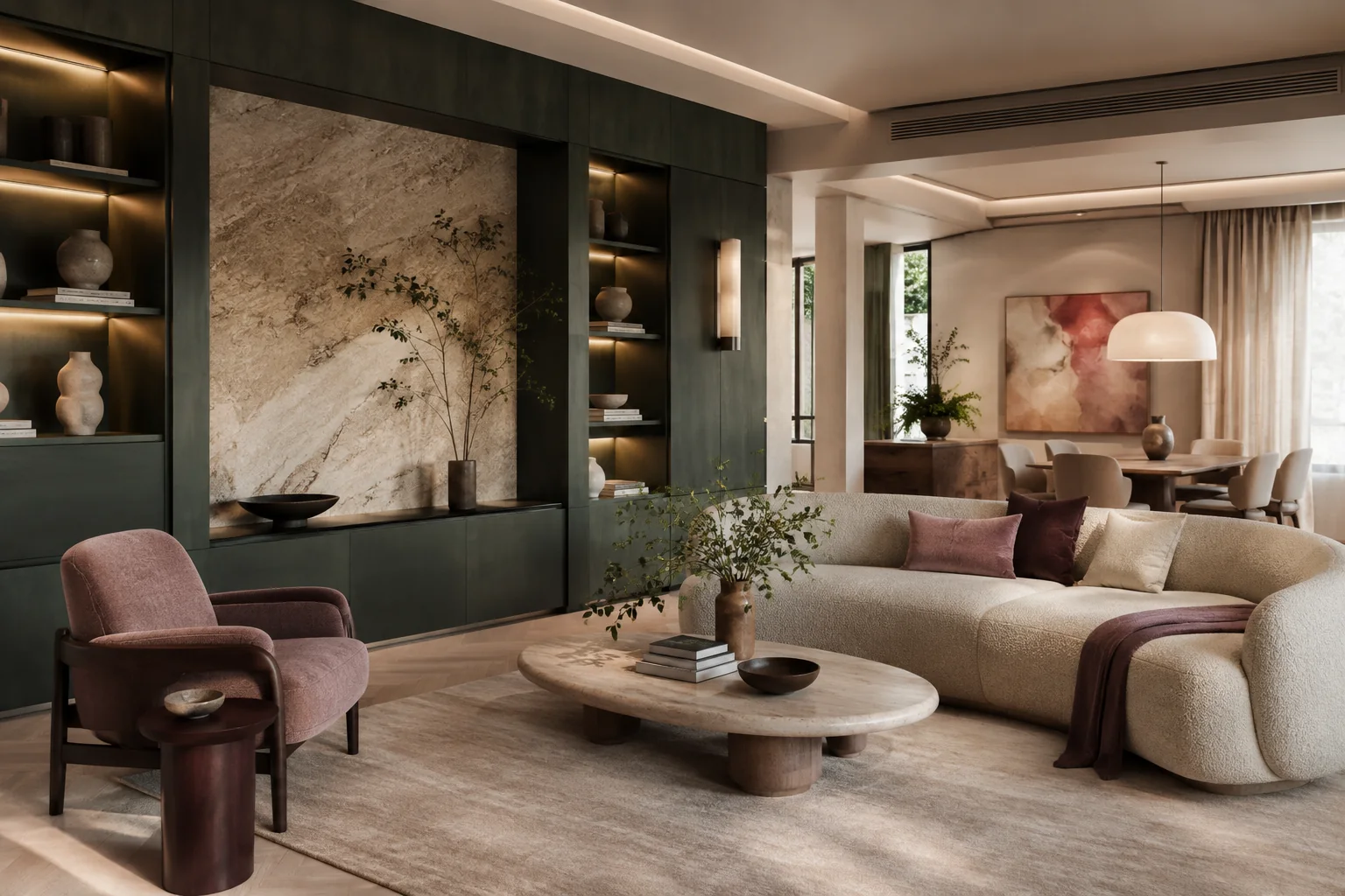 Full-Service Interior Design interior rendering using the Abrizo Designs forest palette and Rose clay accents