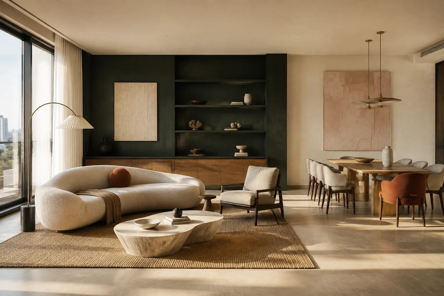Furniture Curation interior rendering using the Abrizo Designs forest palette and Terracotta accents