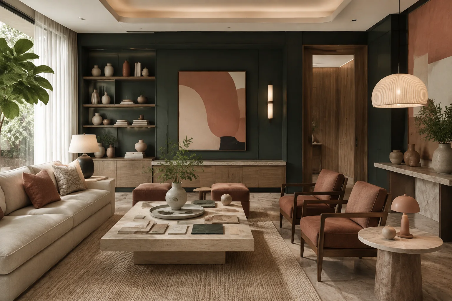 In-Person Purchasing interior rendering using the Abrizo Designs forest palette and Rose clay accents