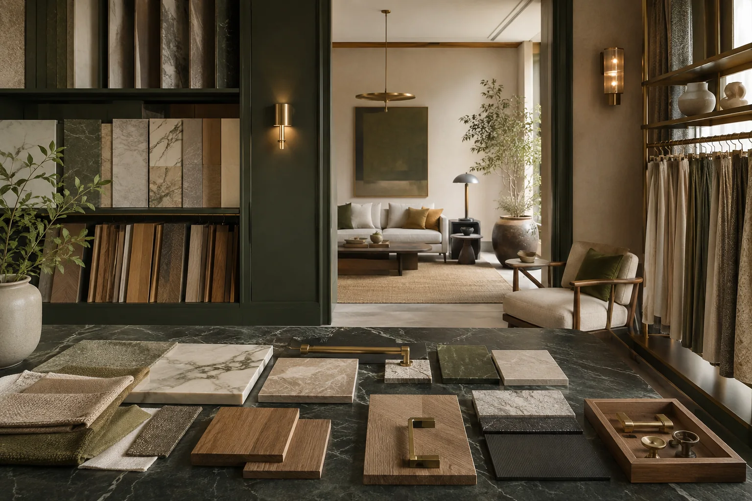 In-Person Sourcing interior rendering using the Abrizo Designs forest palette and Olive gold accents
