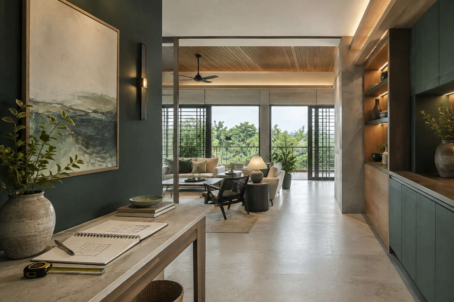 Ocular Inspection interior rendering using the Abrizo Designs forest palette and Blue sage accents