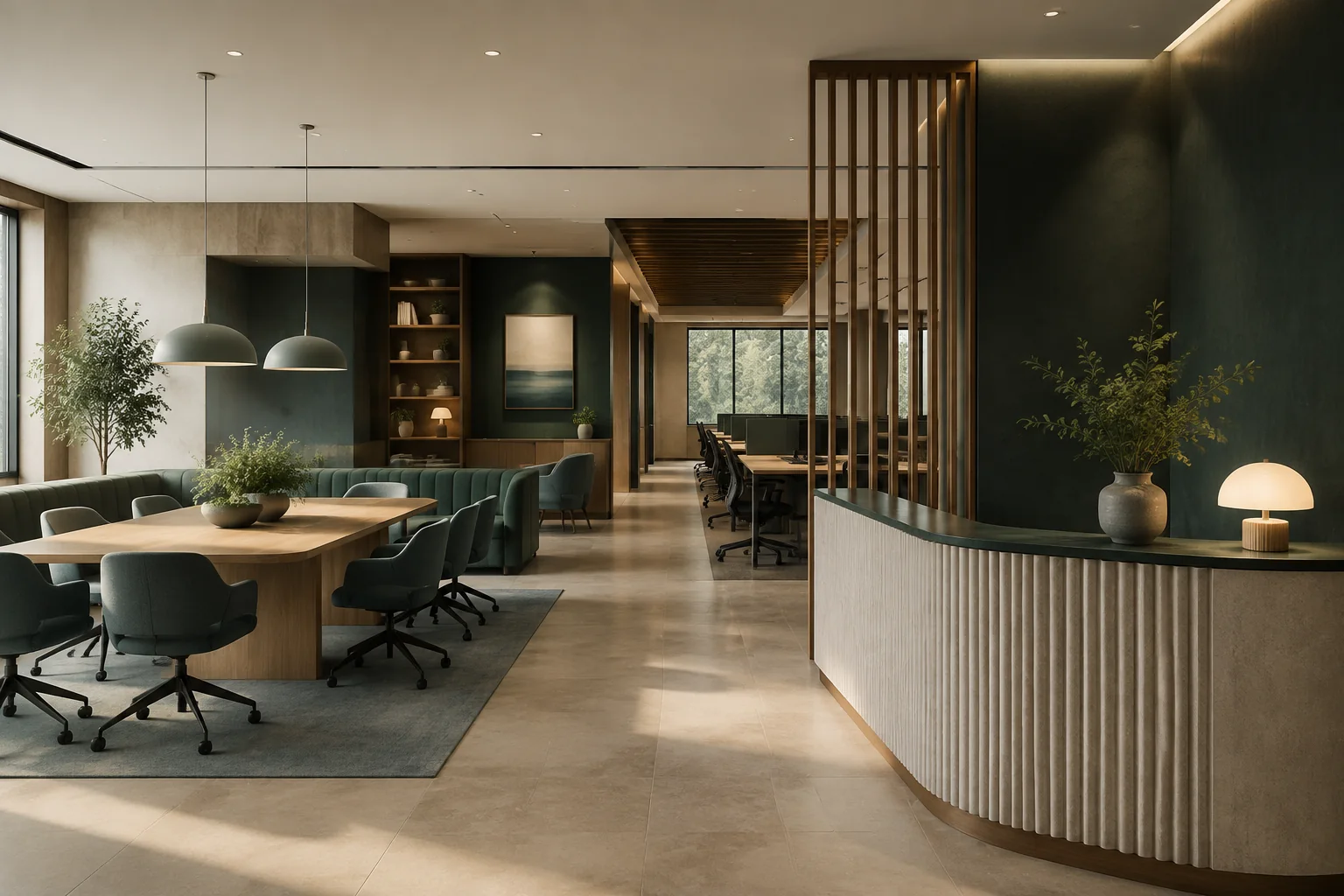 Office Interior Design interior rendering using the Abrizo Designs forest palette and Slate teal accents