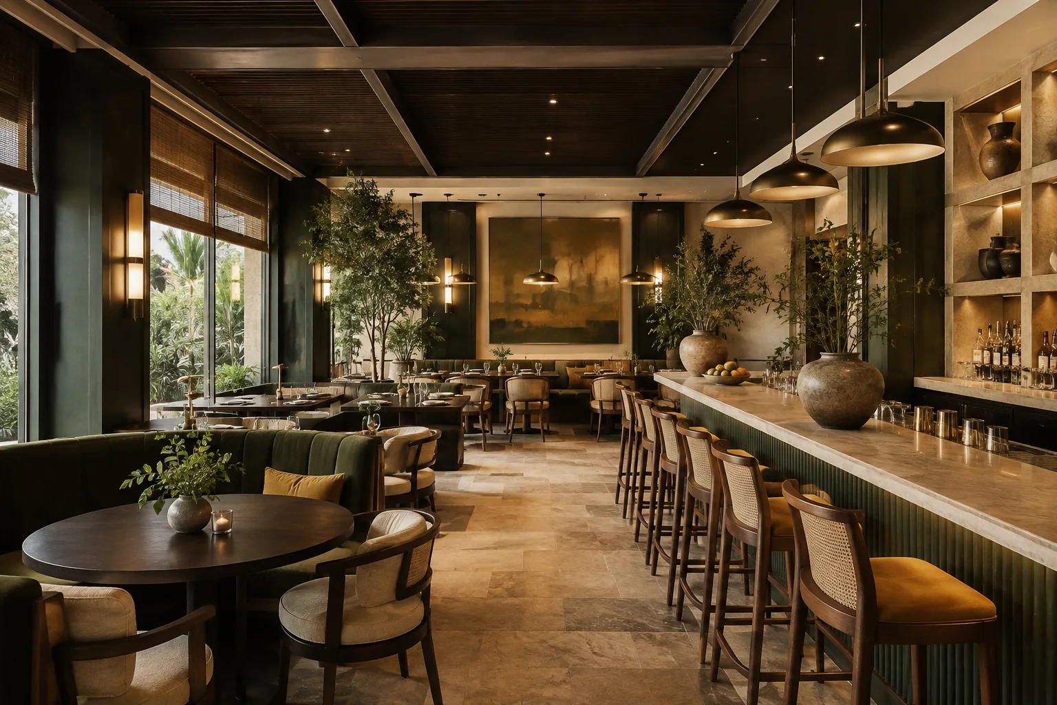 Restaurant Interior Design interior rendering using the Abrizo Designs forest palette and Saffron accents