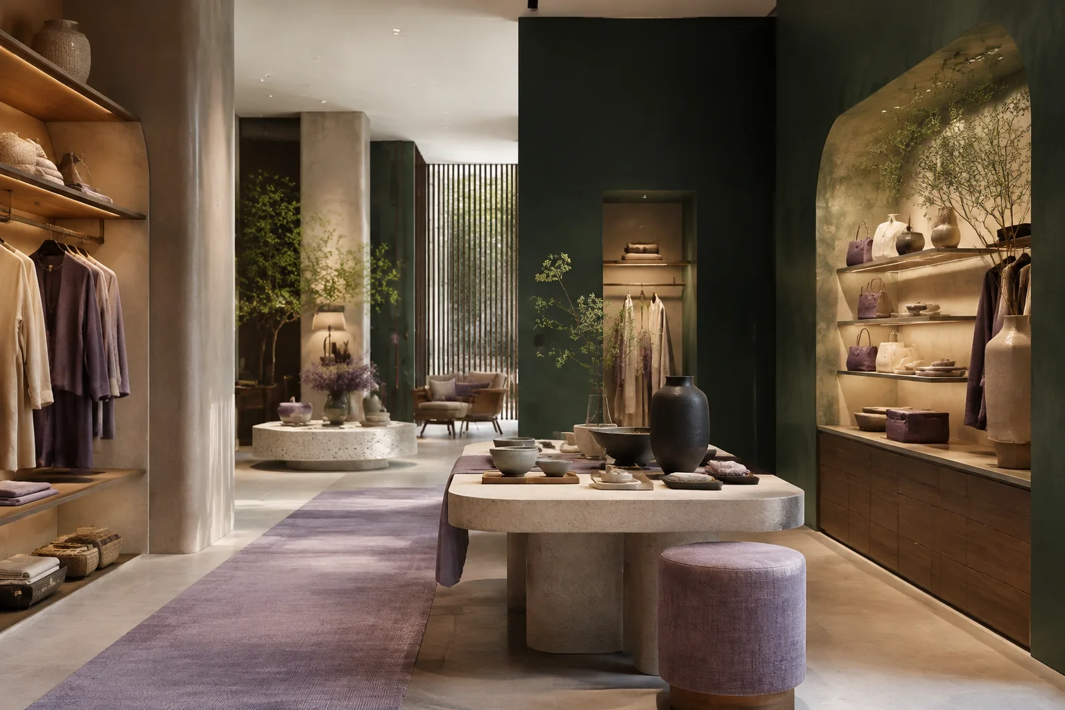 Retail Interior Design interior rendering using the Abrizo Designs forest palette and Orchid accents